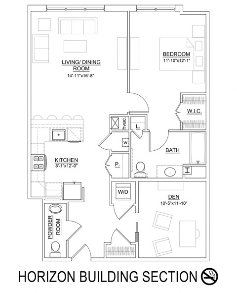 Floor plan for 1 bed, 1.5 baths, 1063 sqft